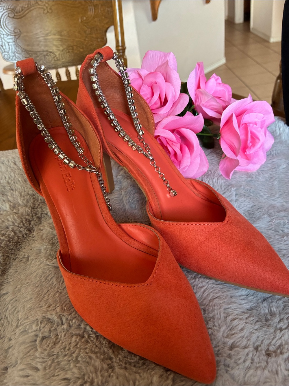 Women's Pointed Toe Slingback Heels with Rhinestone Chain - Orange